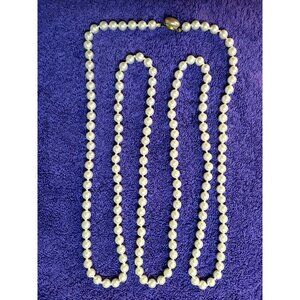 JAPAN Vintage Faux Pearl Necklace With Gold-Tone Clasp, 28 Inches, Knotted